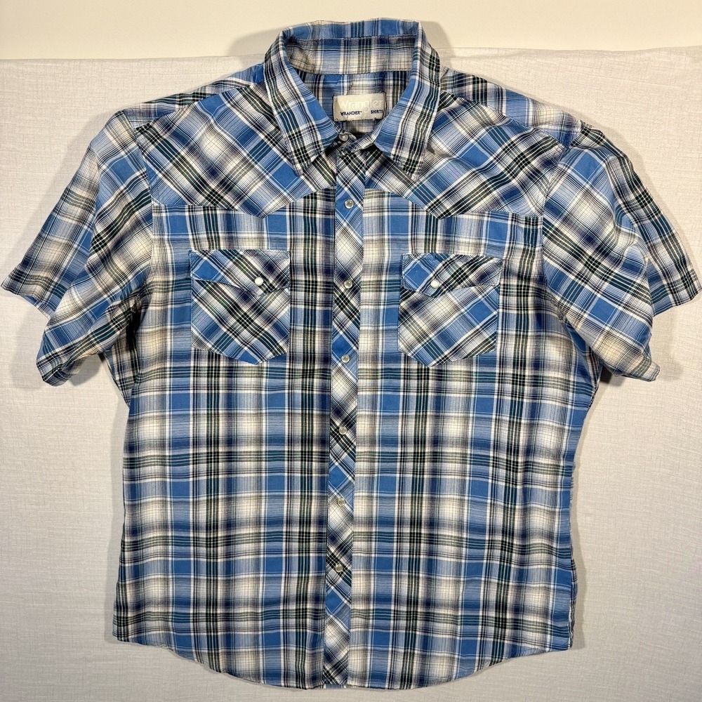 Wrangler WRancher Western Shirt Mens Large Blue Plaid Excellent Pearl Snap
